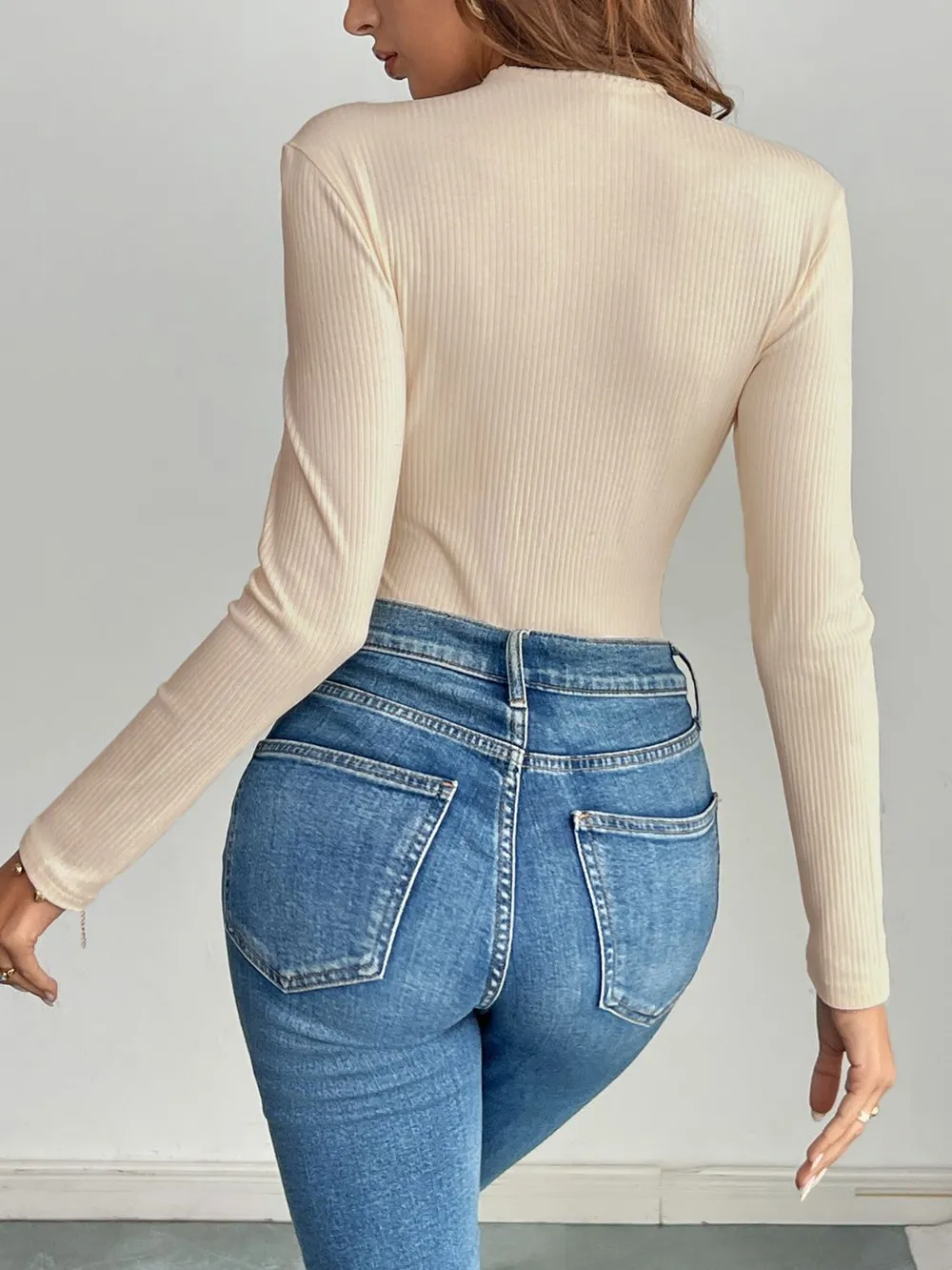 Decorative Button Round Neck Long Sleeve Bodysuit, image 5
