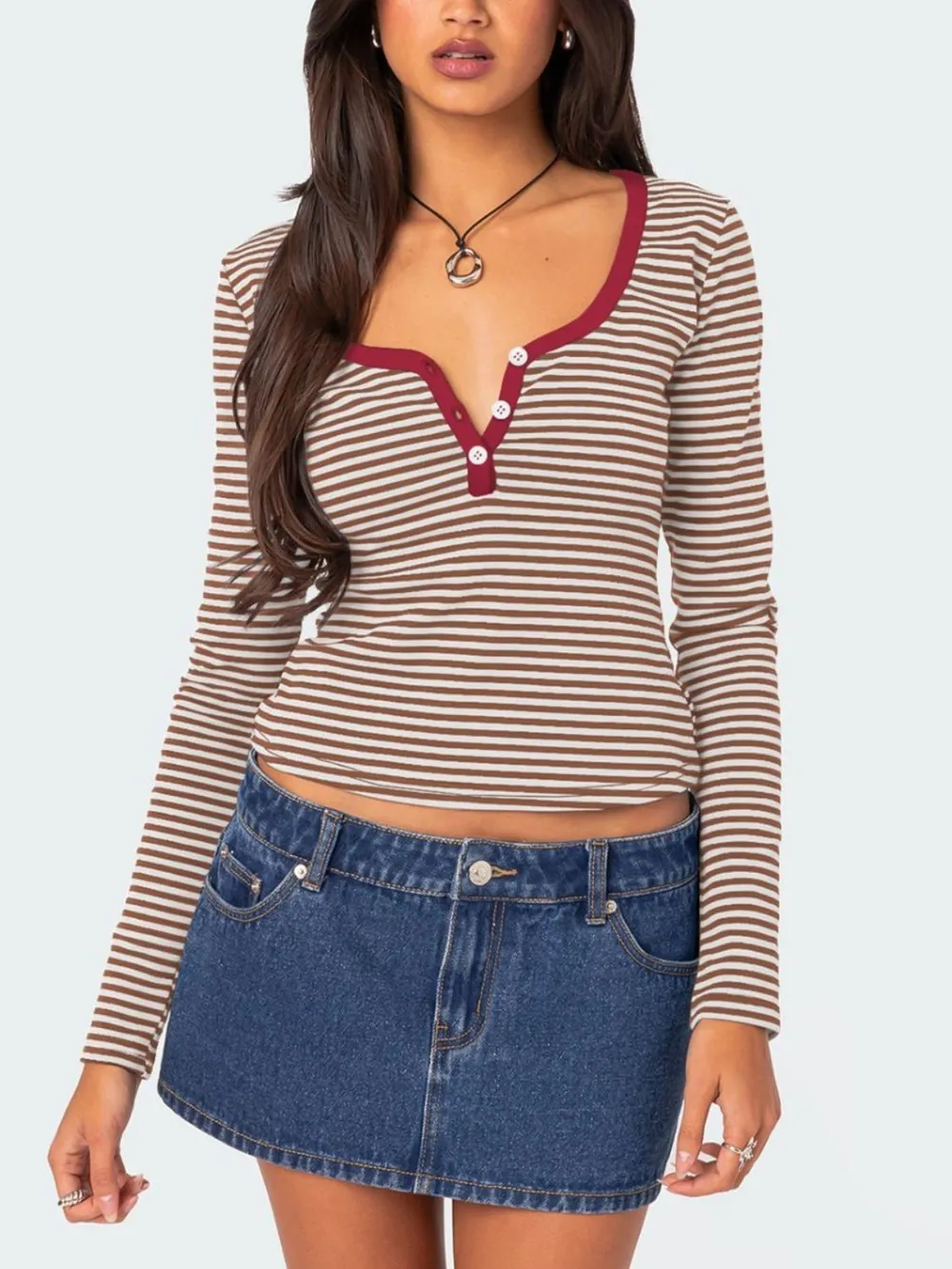 Buttoned Striped Long Sleeve T-Shirt, image 16
