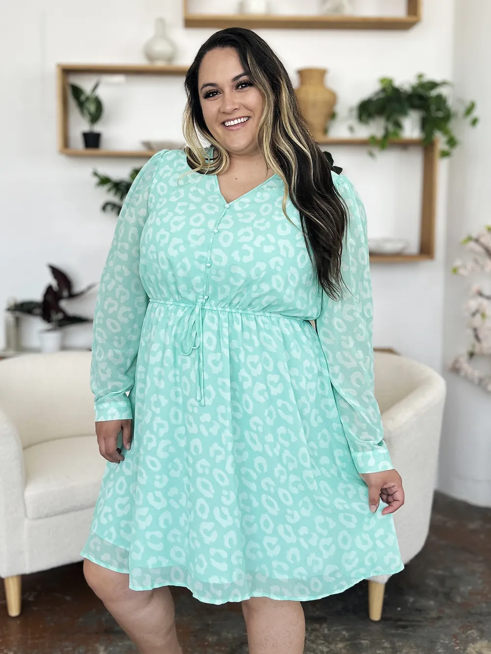 Full Size Printed Ruched V-Neck Long Sleeve Dress, image 11