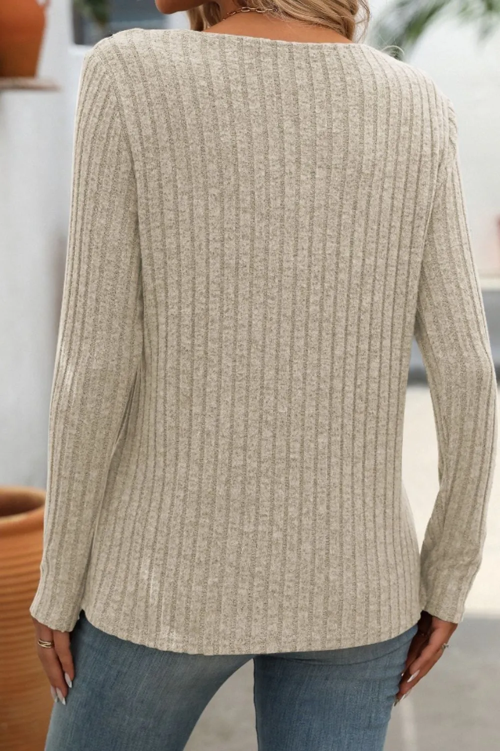 Ribbed V-Neck Long Sleeve T-Shirt, image 17