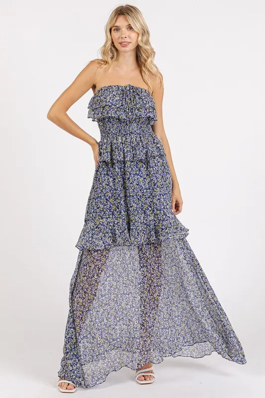 Ruffled Smocked Floral Halter Neck Maxi Dress