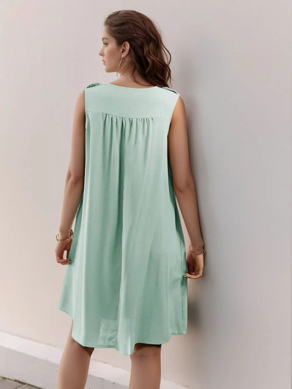 Button Detail Round Neck Sleeveless Mini Dress, image 5