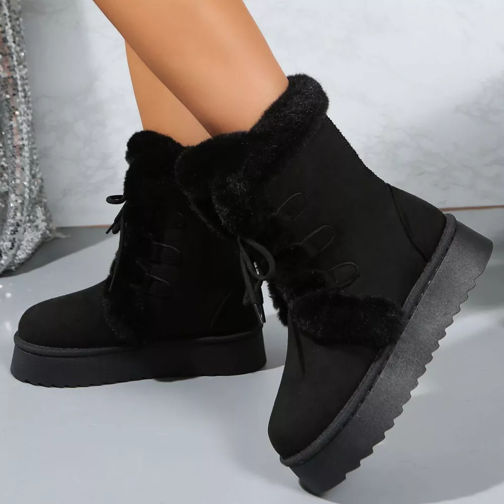 Fuzzy Trim Lace-Up Platform Boots, image 4