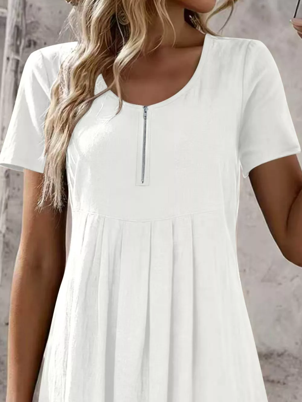 Zipper-Front Short Sleeve A-Line Dress, image 2