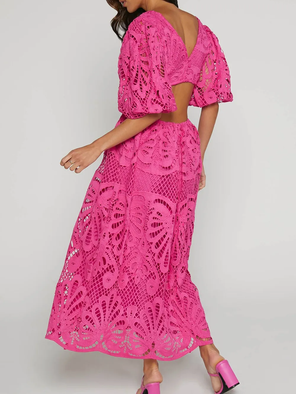 Cutout Back Lace Crochet V-Neck Dress, image 8
