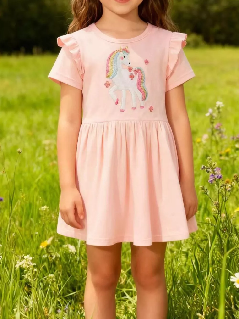 Children's Cute Unicorn Applique Ruffle Sleeve Dress