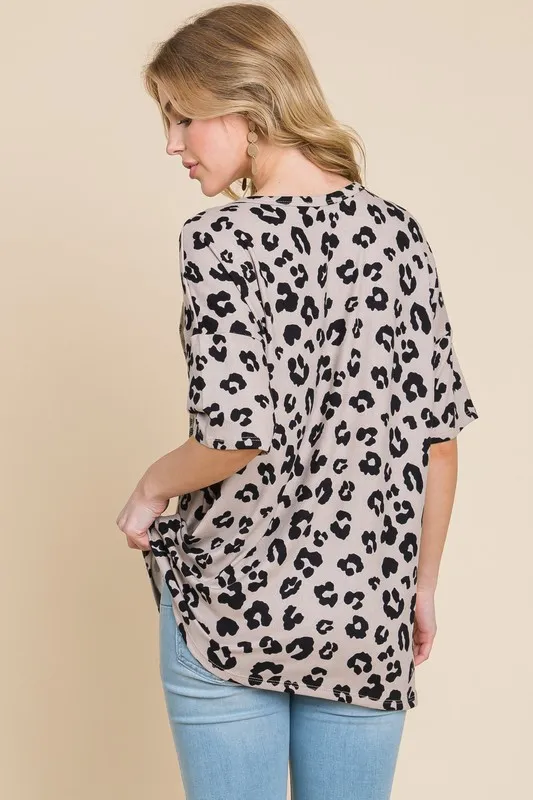 Button Detail Exposed Seam Leopard Half Sleeve Top, image 5