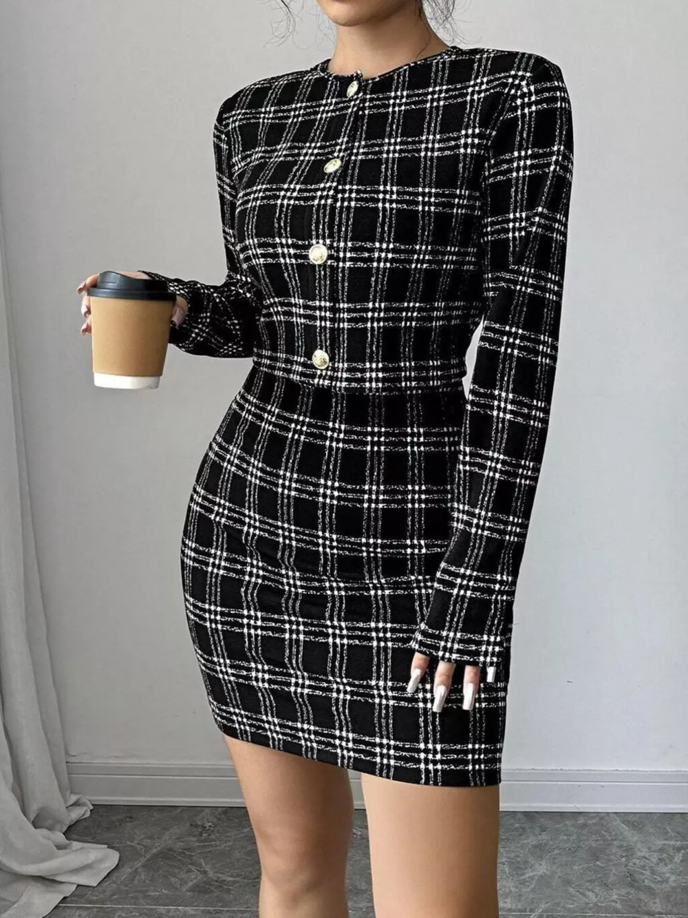 Plaid Tweed Crop Outerwear and Bodycon Mini Dress Two-Piece Set, image 3