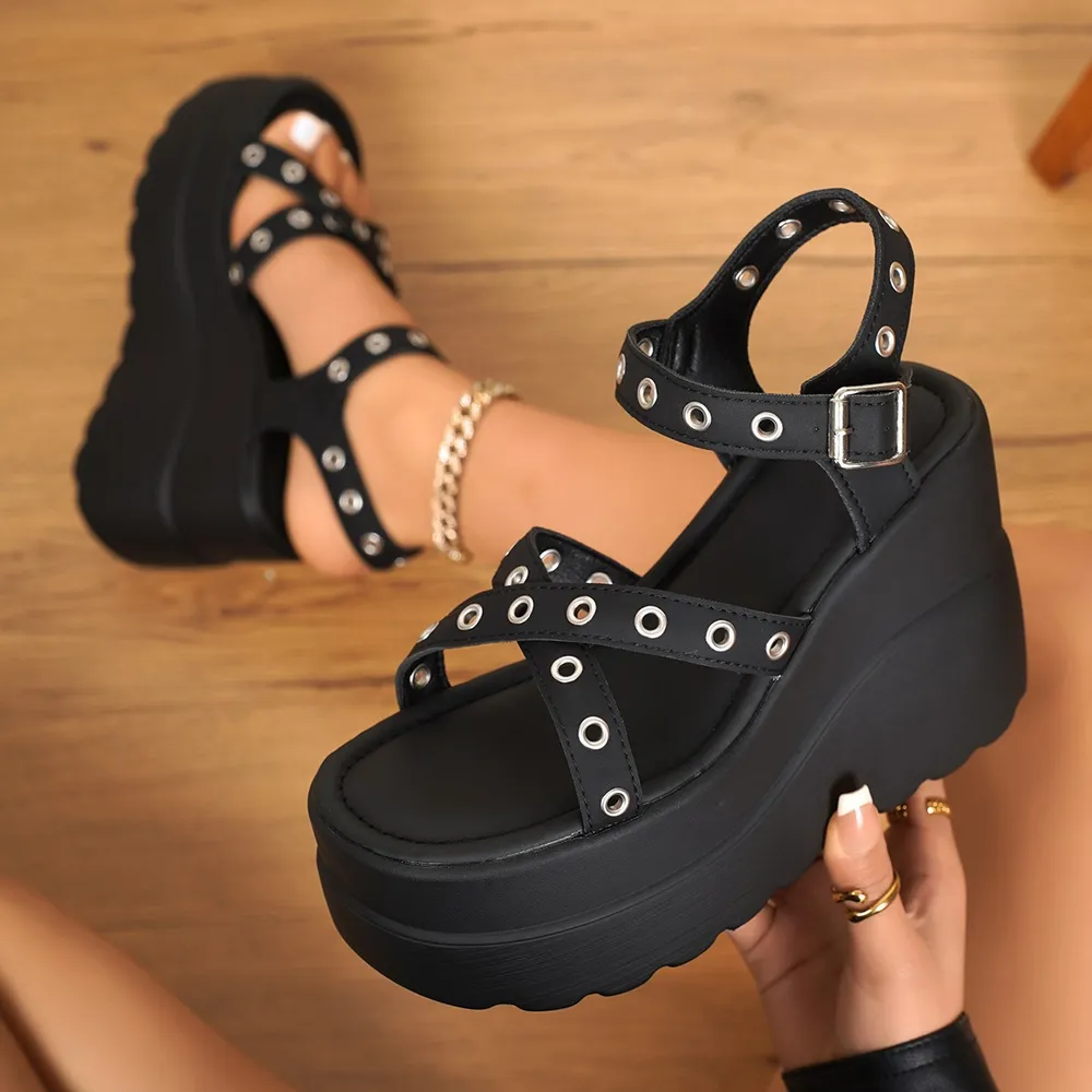 Eyelet Open Toe Platform Wedge Sandals, image 4