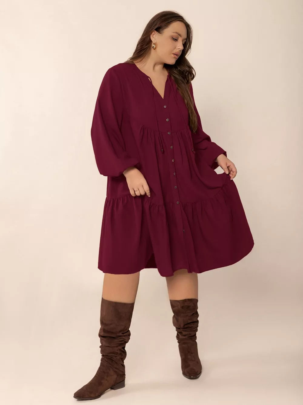 Plus Size Button Front Balloon Sleeve Dress, image 5