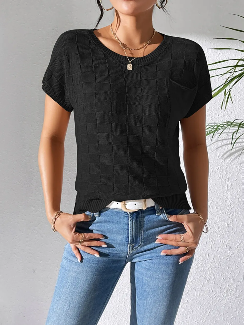 Round Neck Short Sleeve Knit Top, image 6