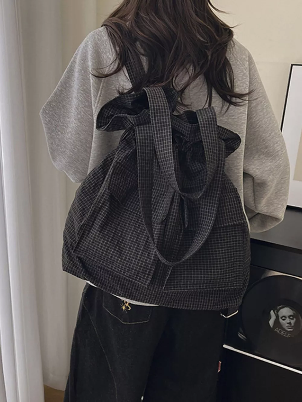 Convertible Plaid Drawstring Backpack Bag, image 10