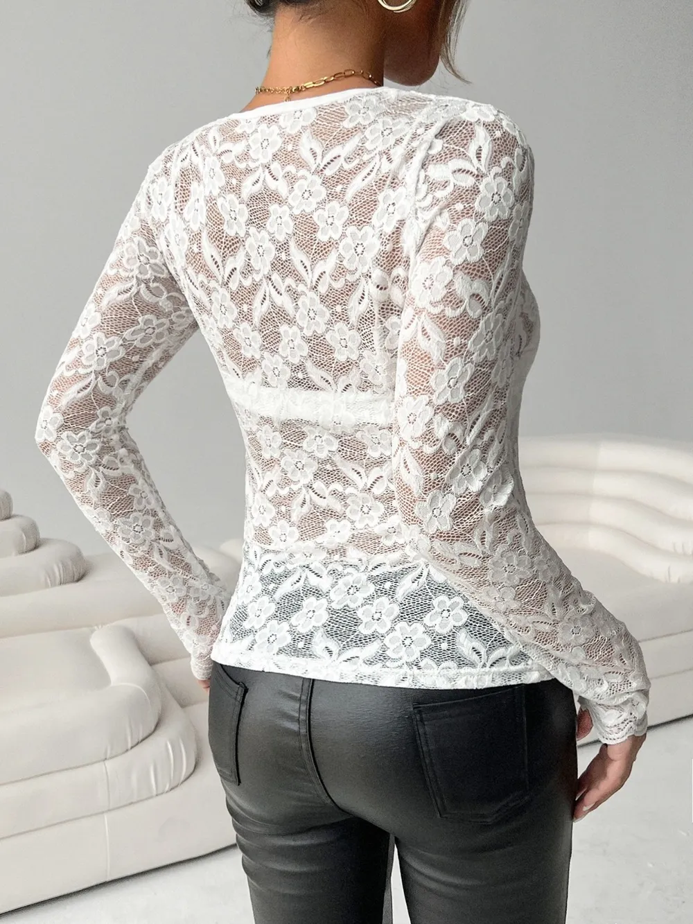Lace V-Neck Long Sleeve Top, image 7