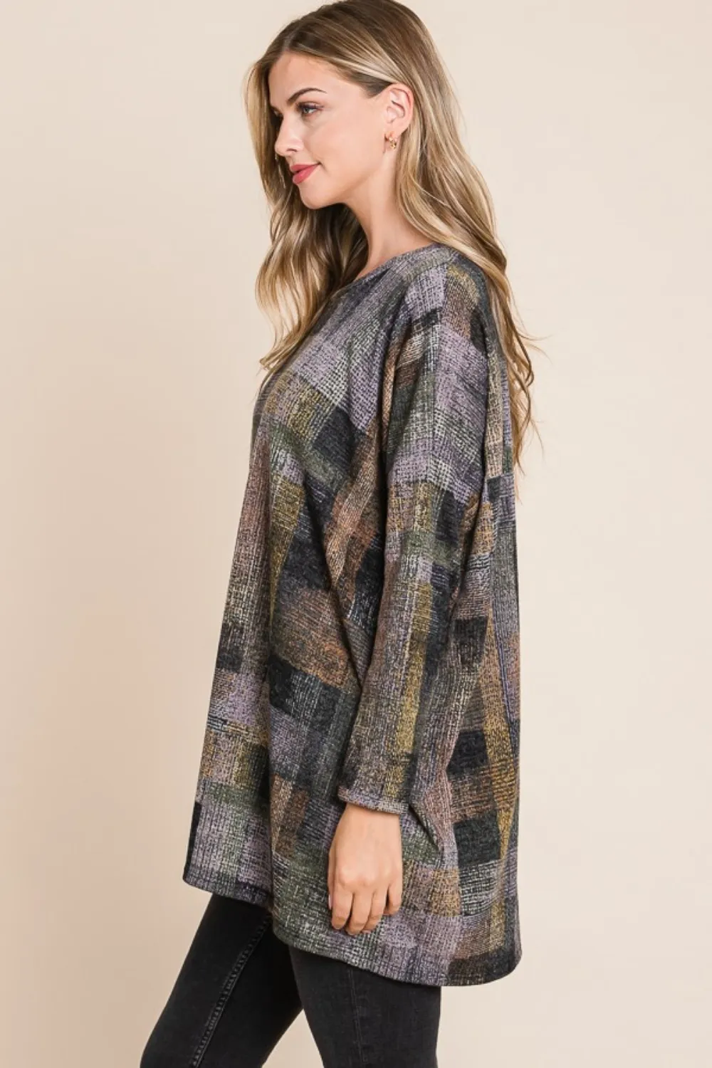 Plaid Round Neck Long Sleeve Top, image 3