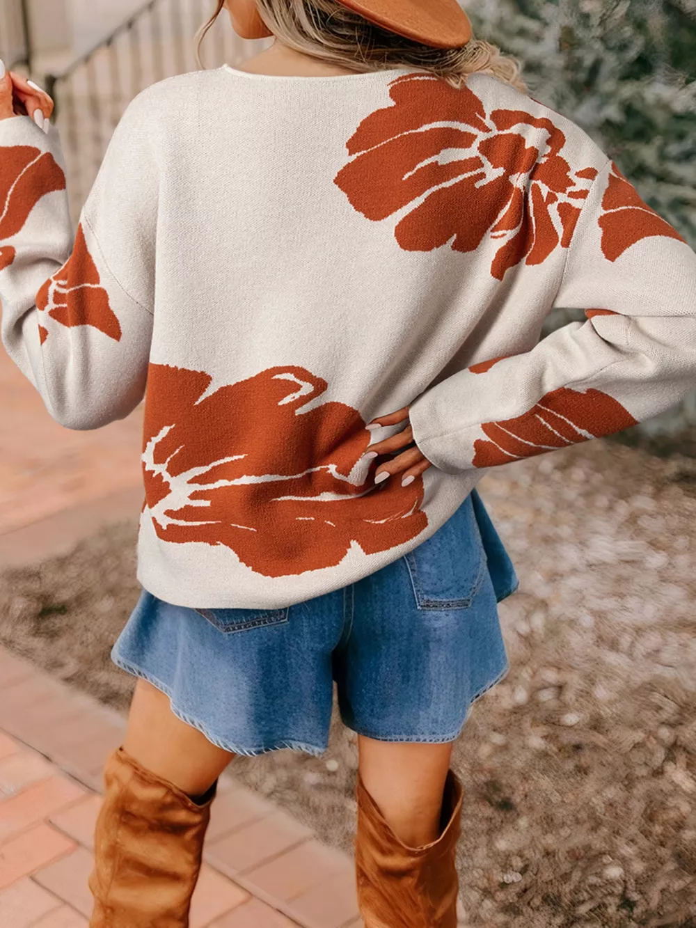 Flower Pattern Wide Sleeve Baggy Sweater, image 2