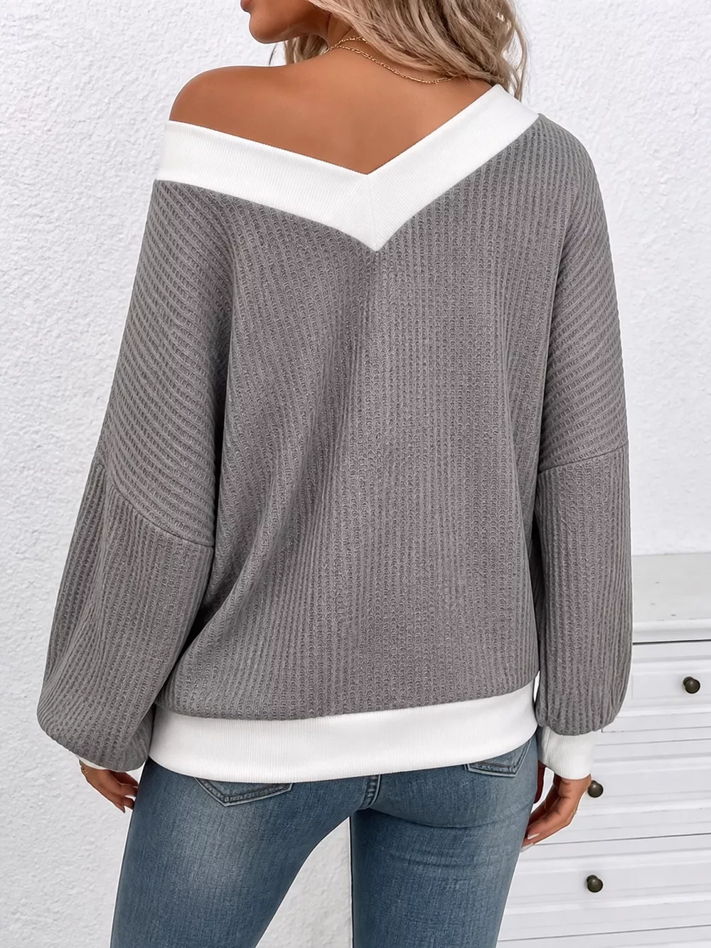 Textured Contrast Trim V-Neck Knit Top, image 3