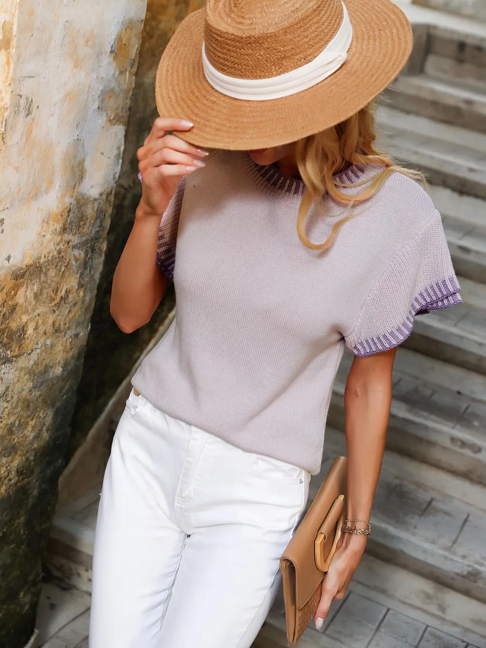 Contrast Round Neck Short Sleeve Knit Top, image 14