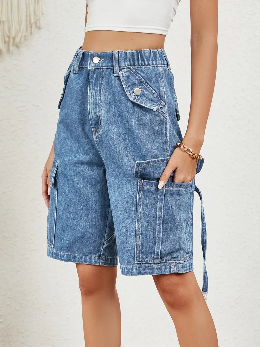 High Waist Denim Shorts with Pockets, image 12