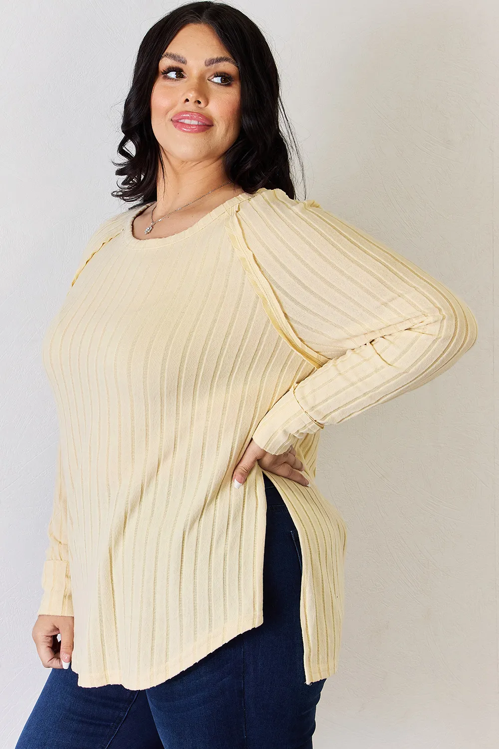 Full Size Ribbed Round Neck Slit T-Shirt, image 25
