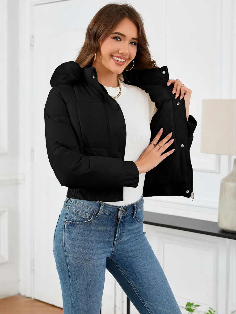 Pocketed Long Sleeve Cropped Hooded Winter Coat, image 14