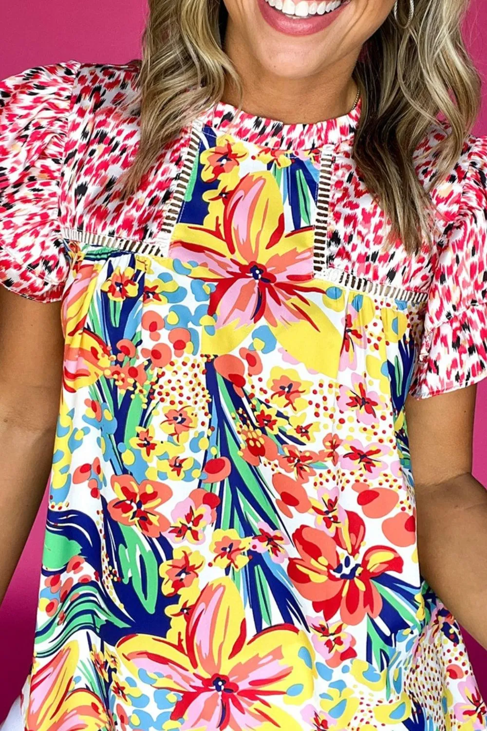Printed Round Neck Cap Sleeve Blouse, image 6
