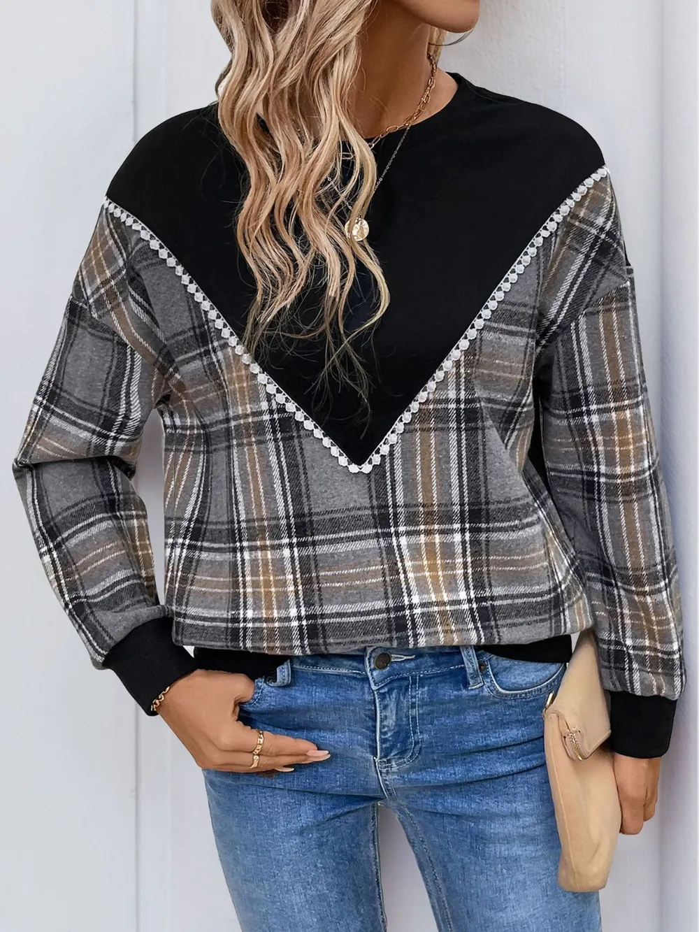 Plaid Round Neck Long Sleeve Sweatshirt, image 4