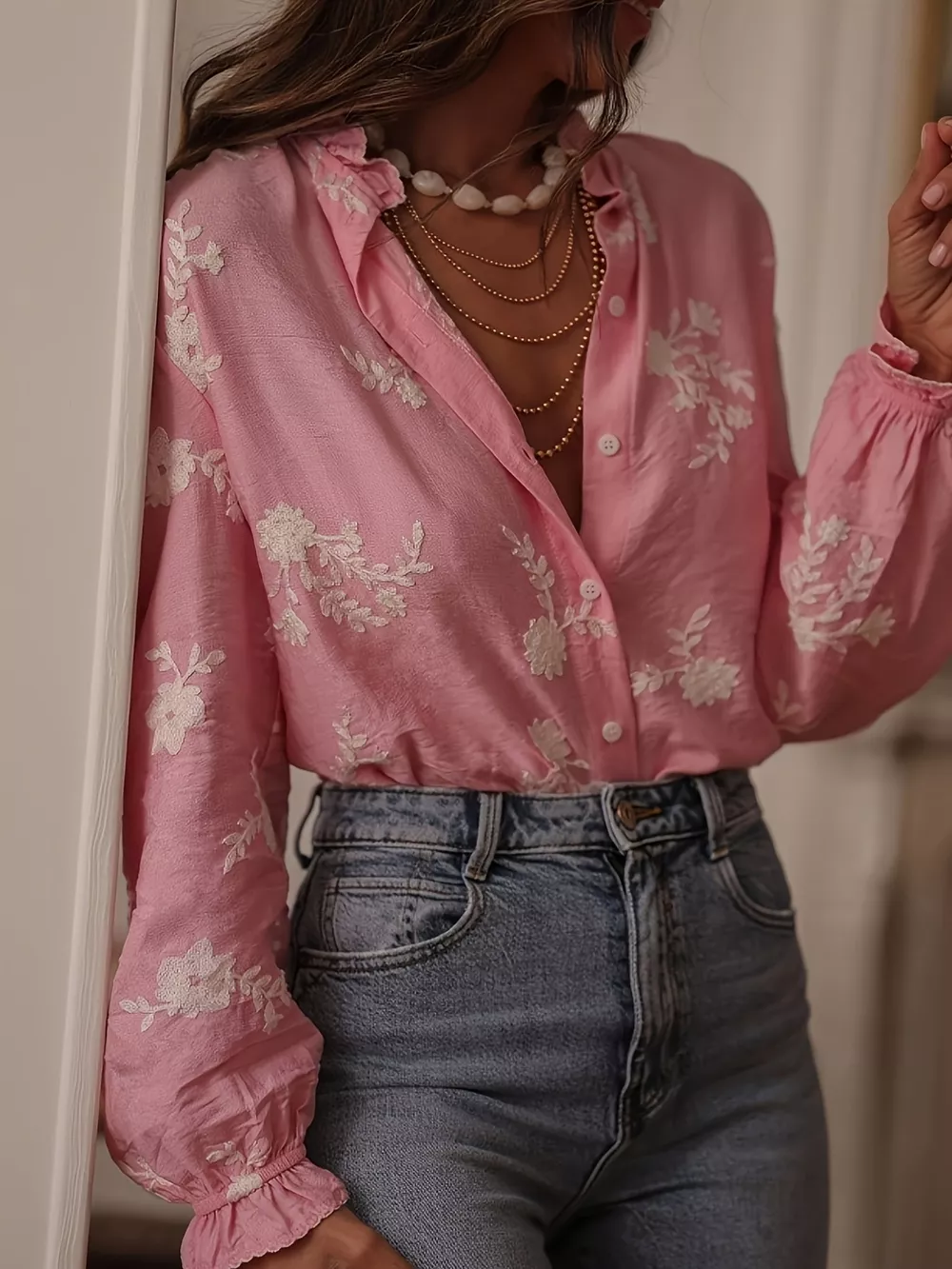 Floral Embroidered Button Down Shirt, image 7