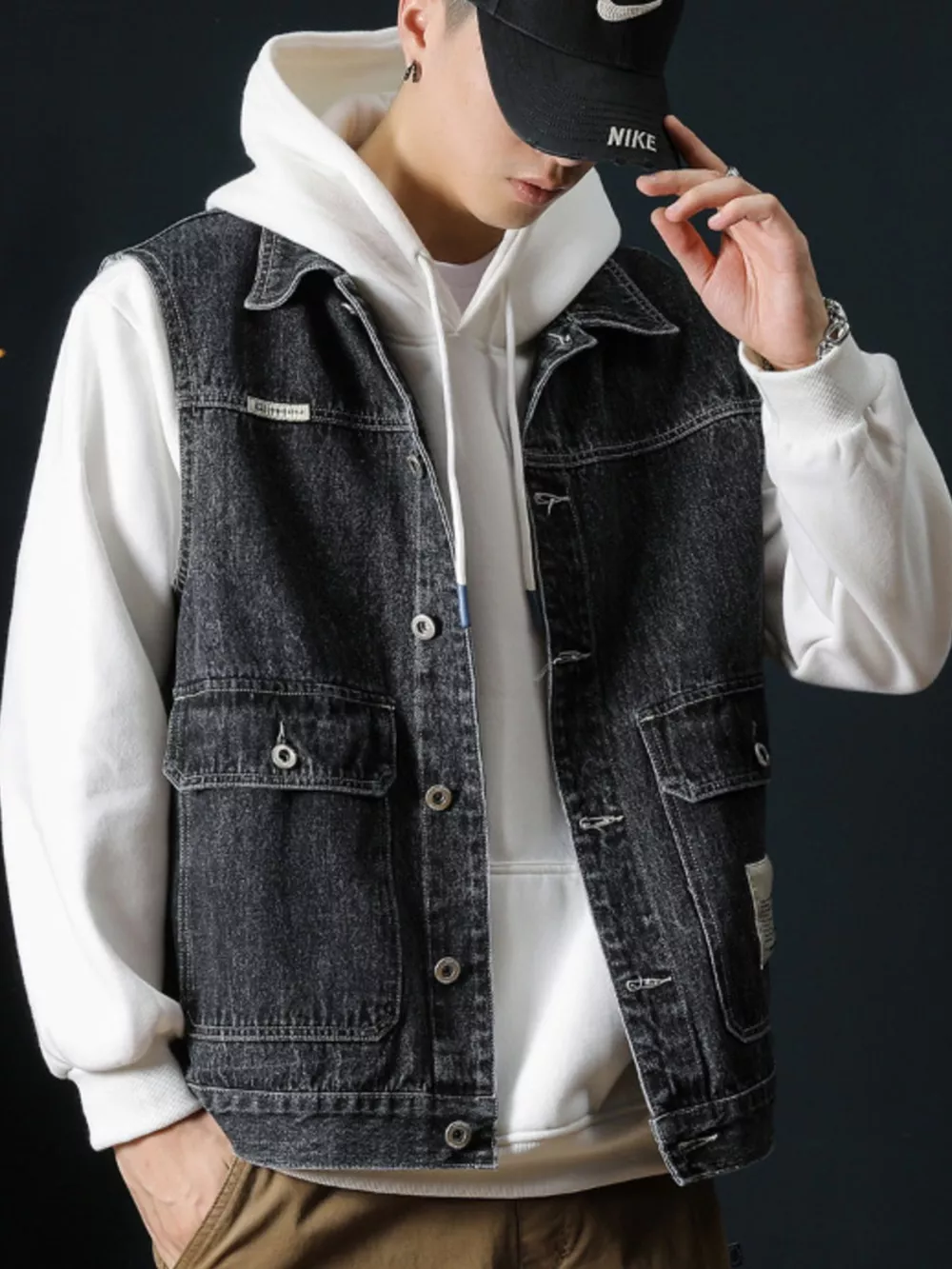 Men's Plus Size Vintage Washed Button Up Denim Vest, image 2