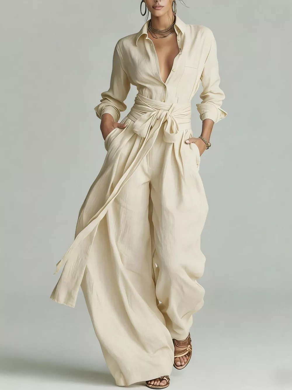 Long-Sleeve Button-Down Waist-Tie Jumpsuit, image 6