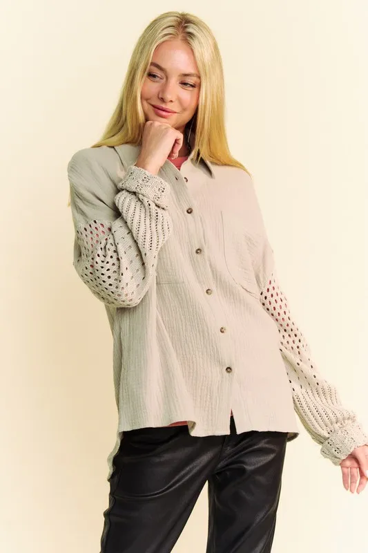 Crochet Sleeve Crinkled Texture Shirt, image 4