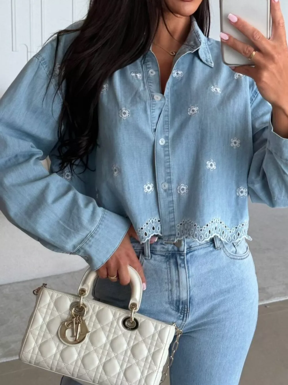 Embroidered Cropped Denim Shirt, image 5