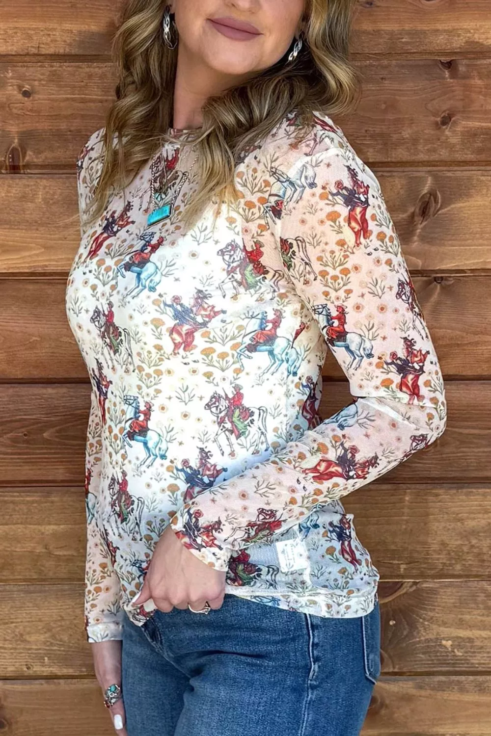 Cowboy Print Mesh Long Sleeve Top, image 2