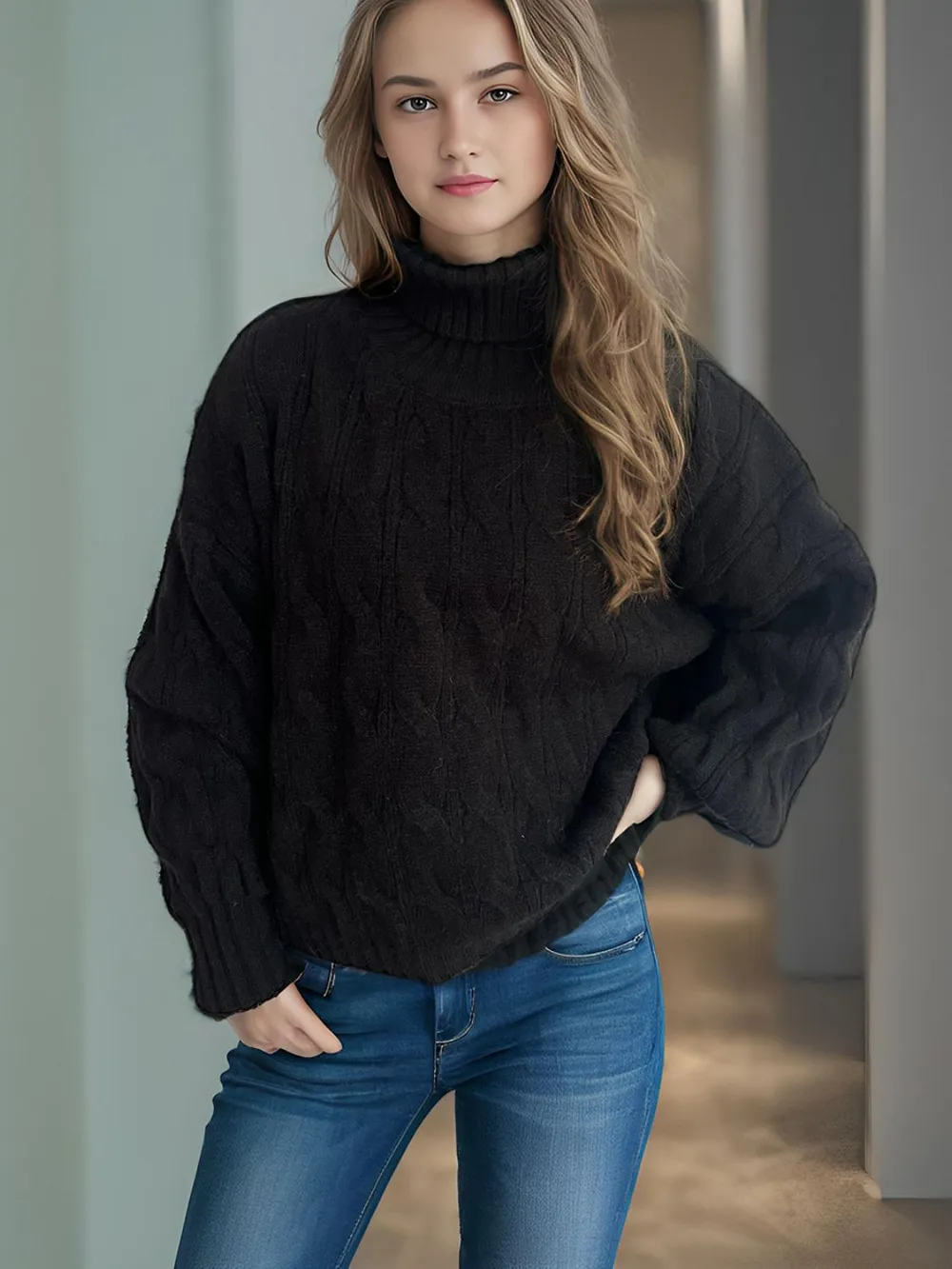 Cable-Knit Turtleneck Long Sleeve Sweater, image 6