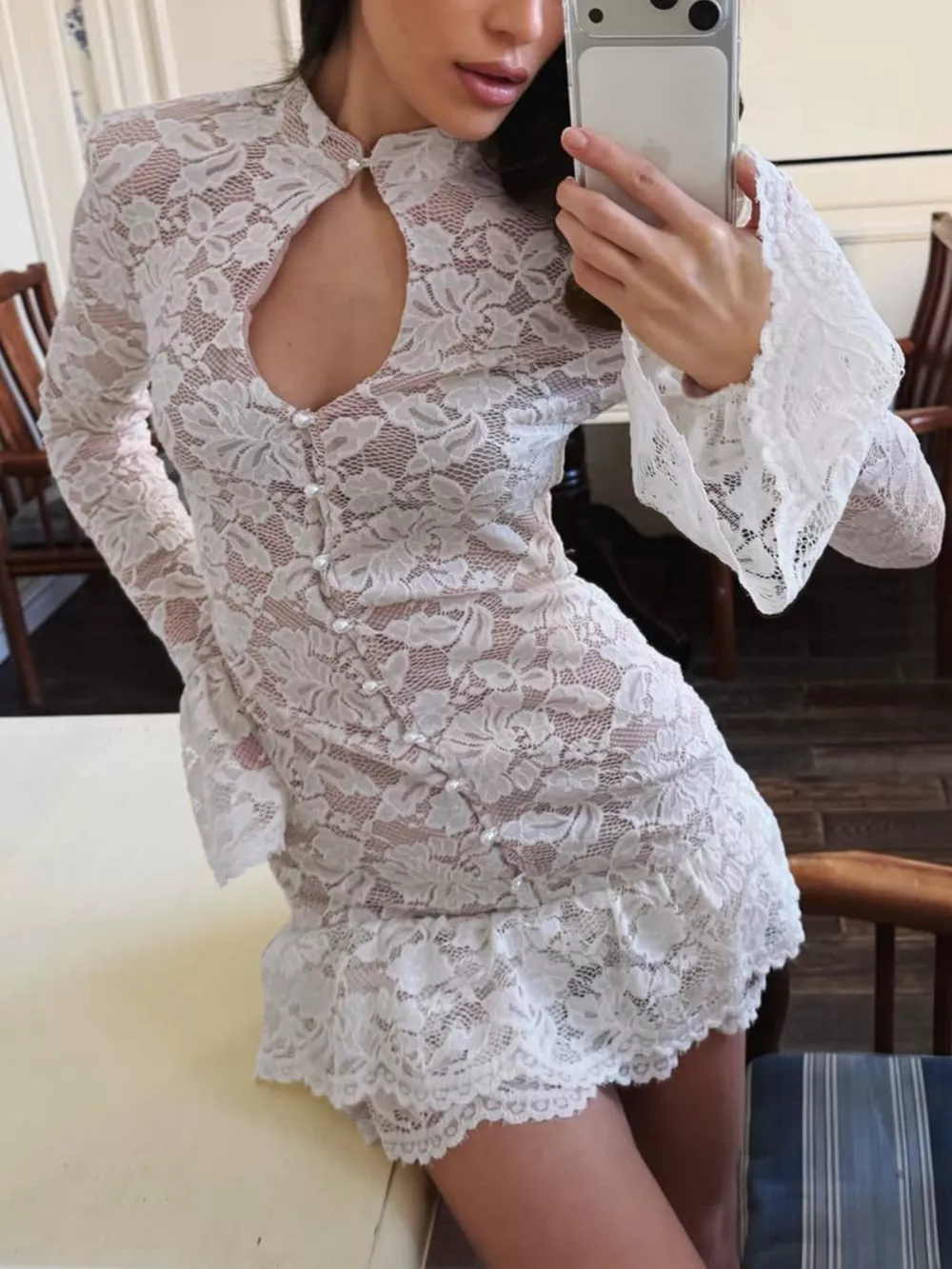 Lace Long-Sleeve Ruched Mini Dress, image 7