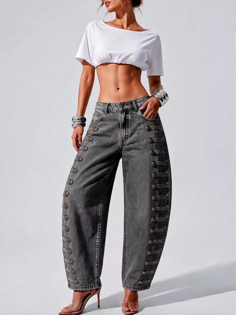 Decorative Button Wide Leg Jeans, image 33