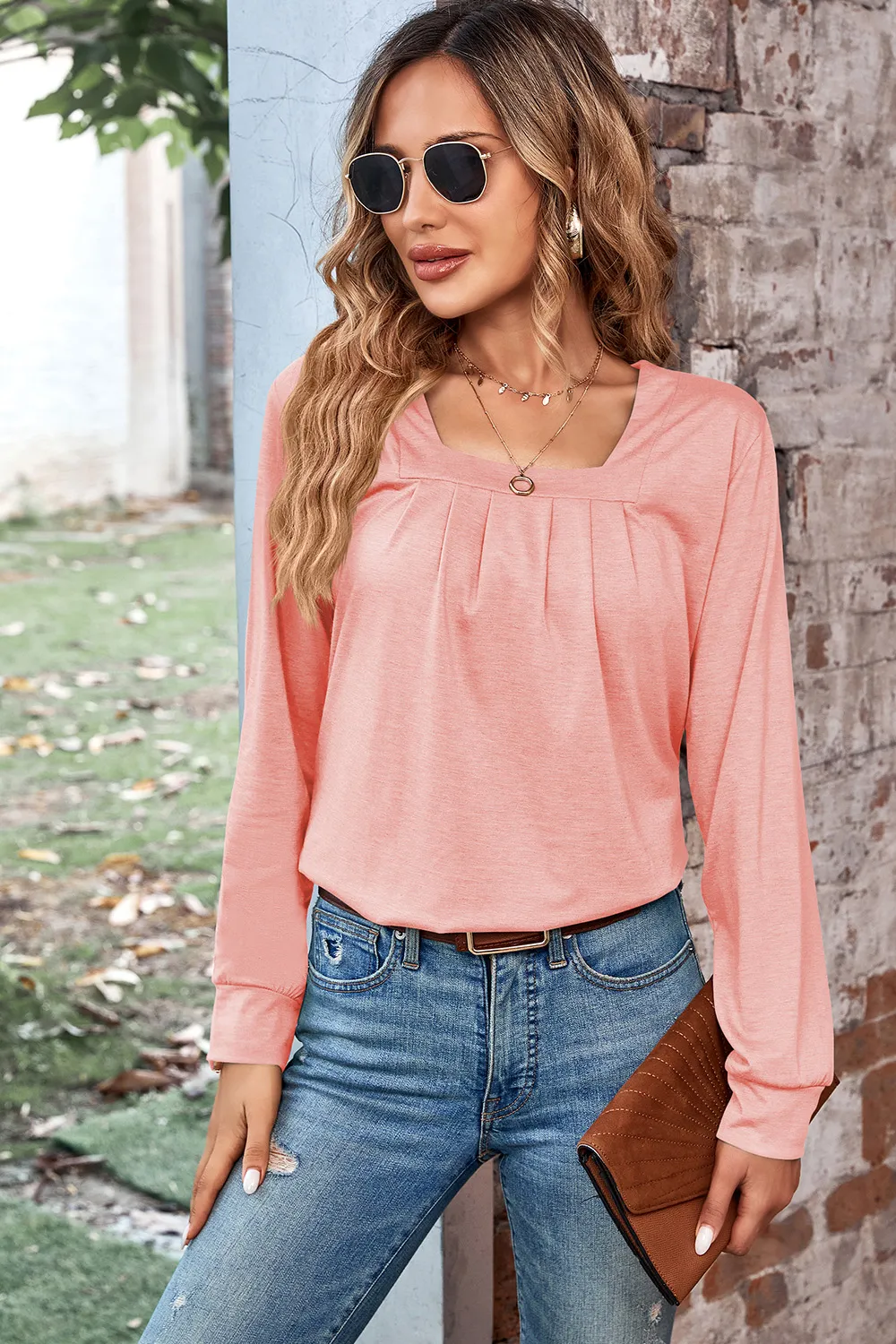 Ruched Square Neck Long Sleeve T-Shirt, image 13