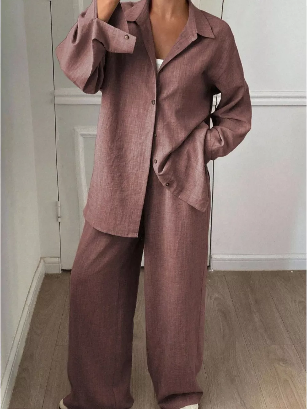 Button Up Long Sleeve Shirt and Wide Leg Pants Set, image 9