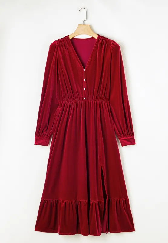 Ruffle Hem Slit V-Neck Long Sleeve Dress, image 10