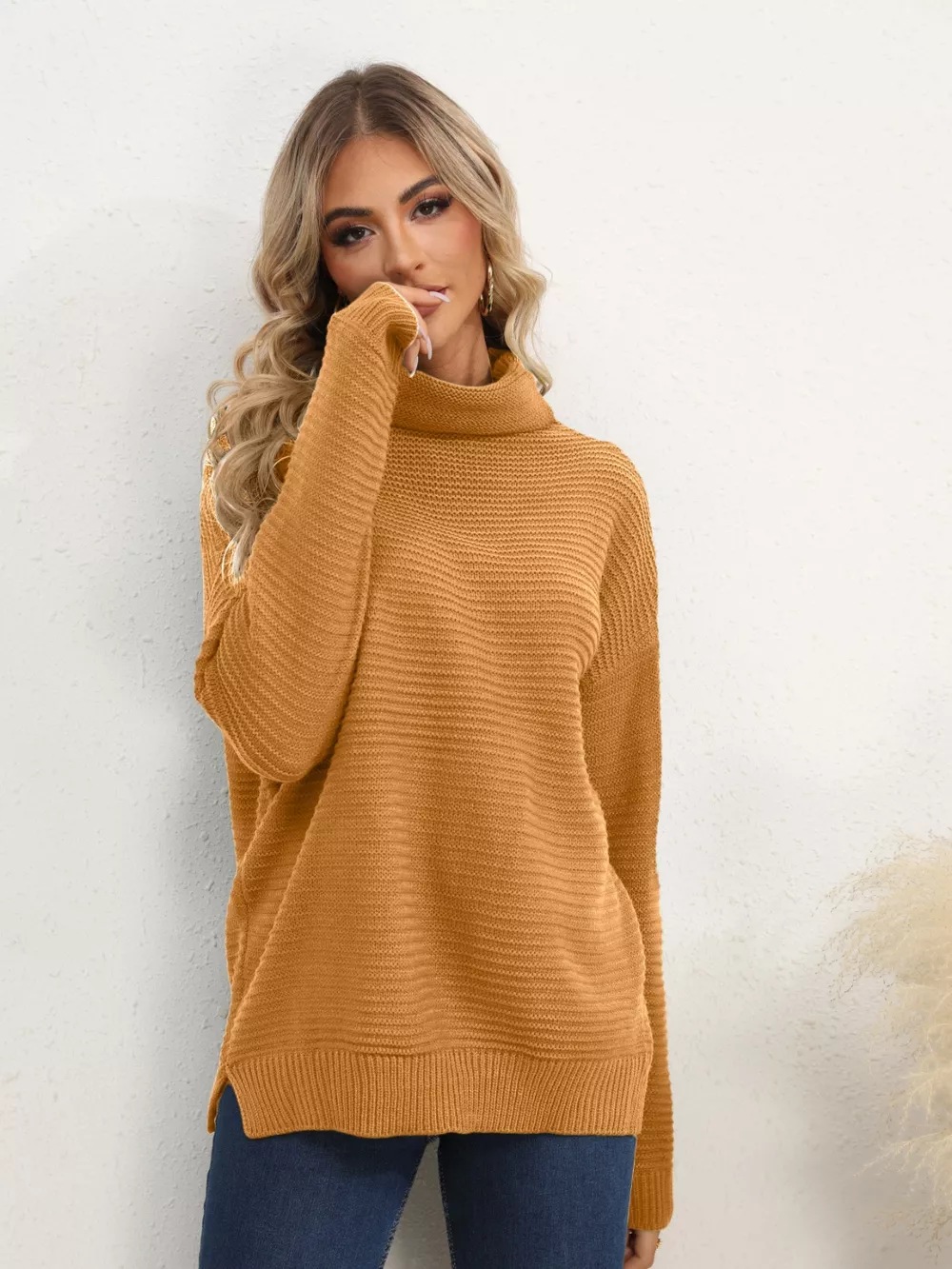 Slit Turtleneck Dropped Shoulder Sweater, image 16