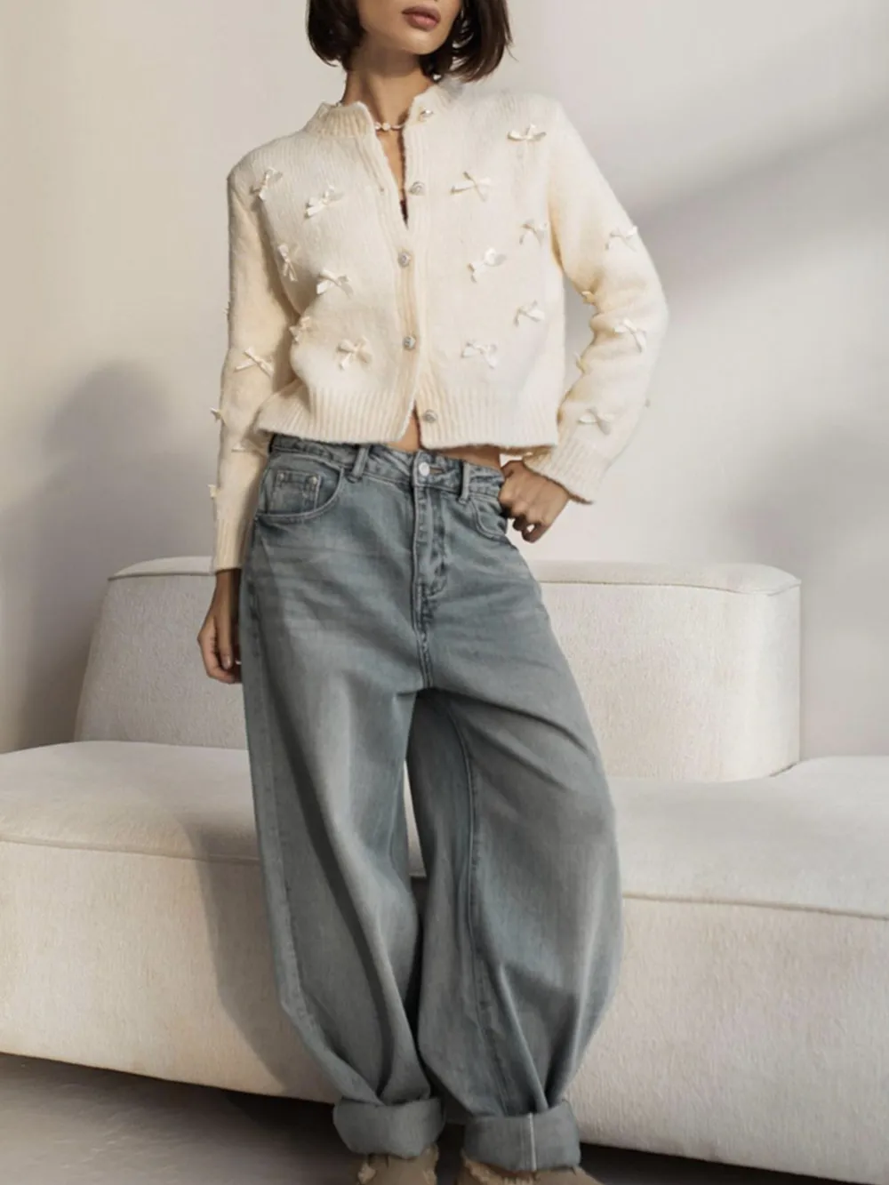 Bow Button Up Long Sleeve Cardigan, image 6