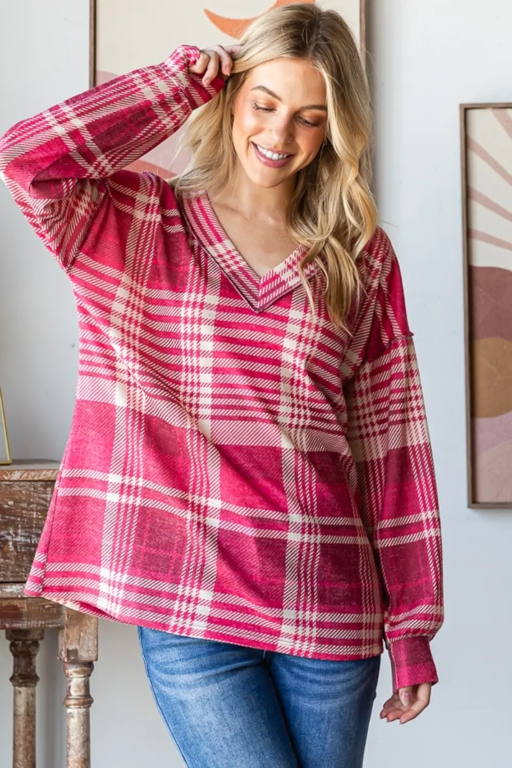 Plaid Drop Shoulder V-Neck T-Shirt, image 5