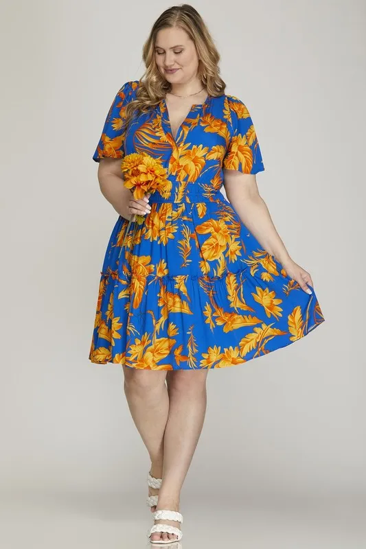 Full Size Printed Notched Short Sleeve Frill Tiered Dress Plus Size, image 6