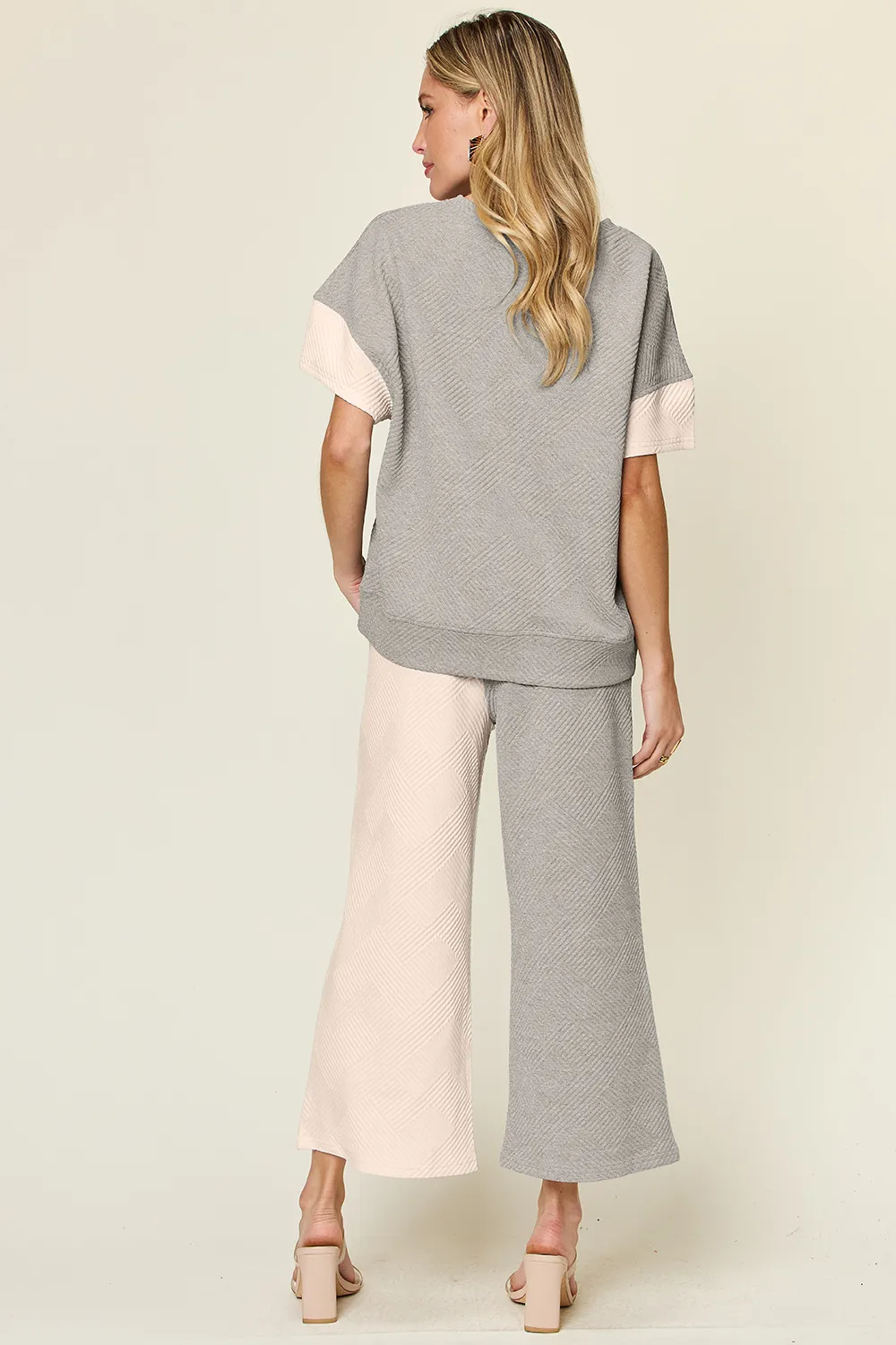 Full Size Texture Contrast T-Shirt and Wide Leg Pants Set, image 11