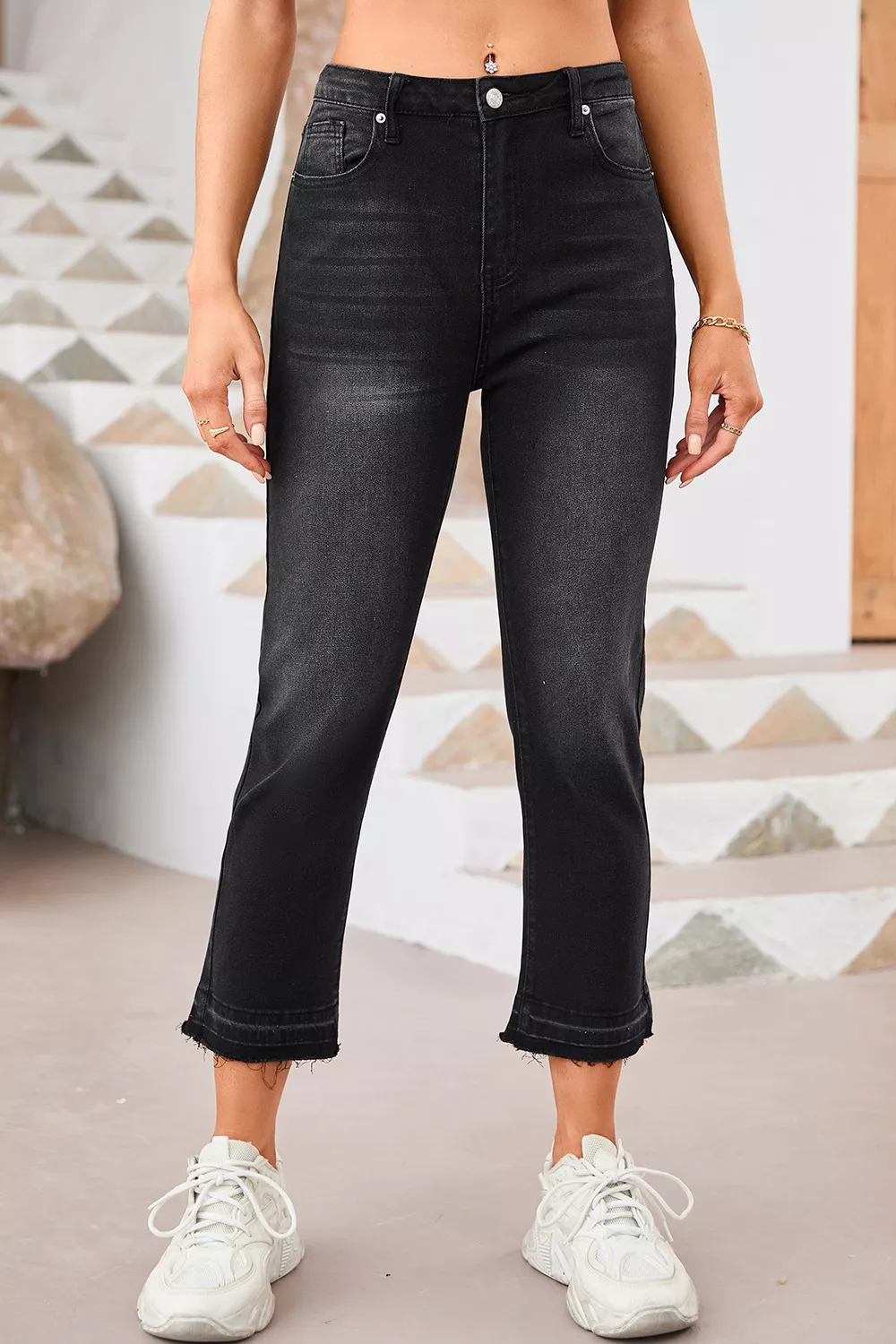 High-Waisted Distressed Hem Straight Leg Jeans, image 4