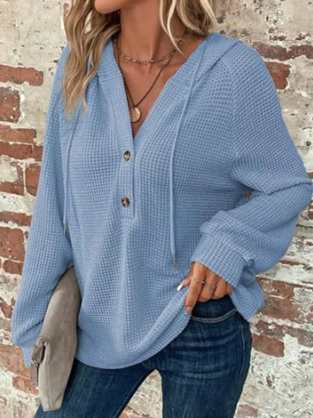 Full Size Button Detail Waffle Knit Hoodie Plus Size, image 14
