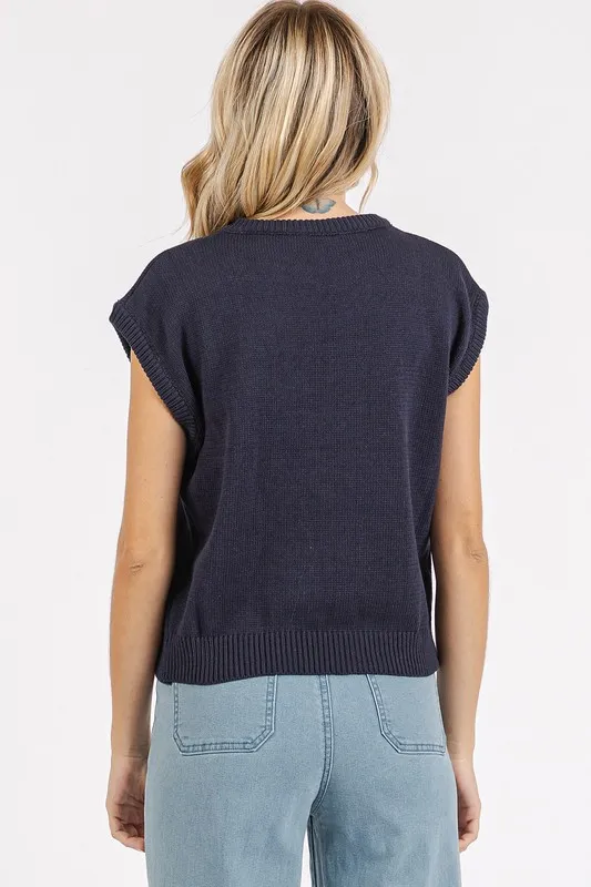 Contrast Letter Round Neck Cap Sleeve Knit Top, image 5