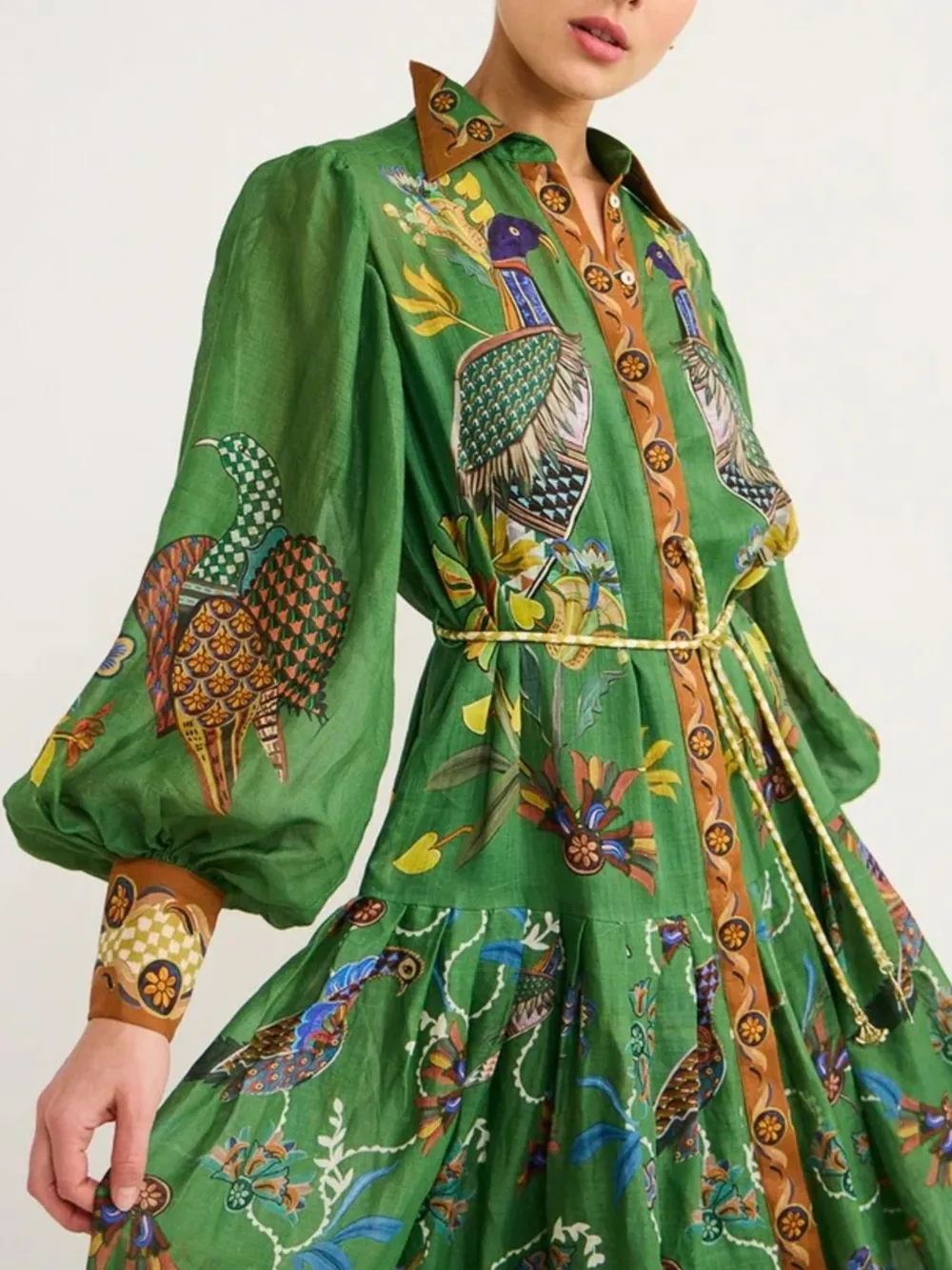 Printed Lantern Sleeve Maxi Shirt Dress, image 3