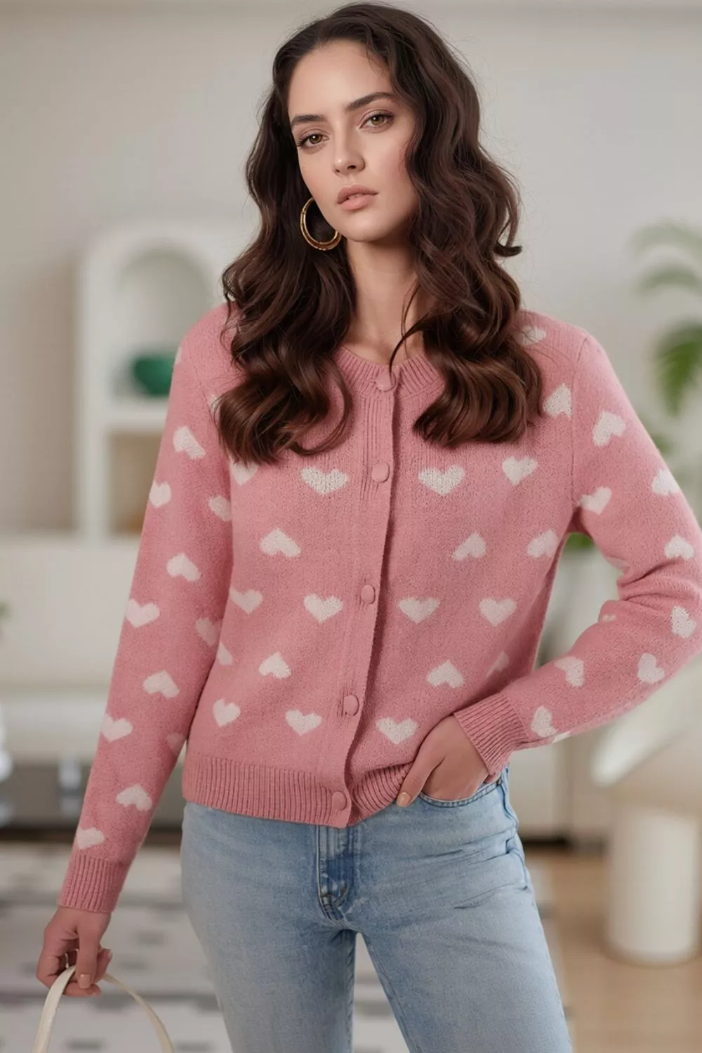 Button Down Heart Pattern Cardigan