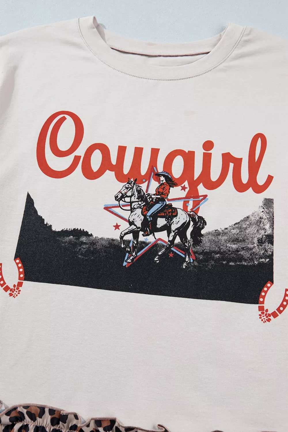 COWGIRL Print Leopard Ruffle Hem Patchwork T Shirt, image 6