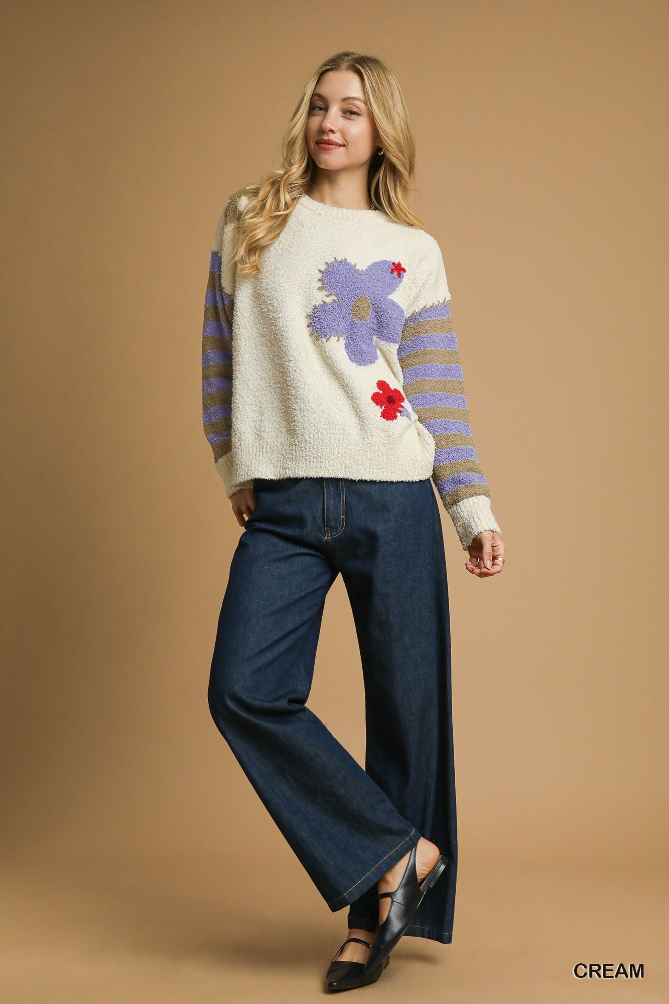 Flower Jacquard Striped Long Sleeve Sweater, image 5